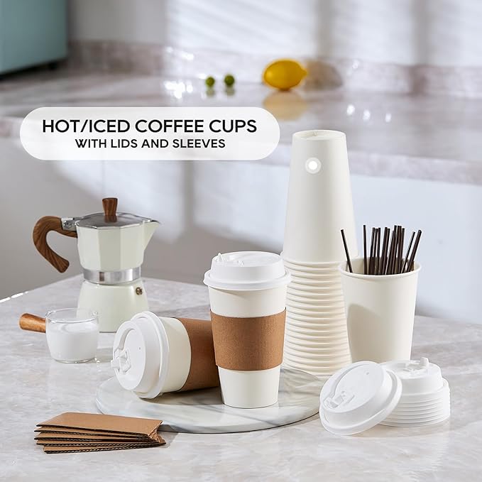 JOLLY PARTY [100 Pack] 16 oz Paper Coffee Cups, Disposable Paper Coffee Cup with Lids, Sleeves, and Stirrers, Hot/Cold Beverage Drinking Cup for Water, Juice or Tea, Suitable for Home,Shops and Cafes