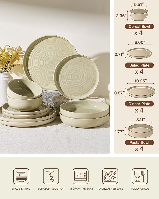 Stoneware Dinnerware Sets with Pasta Bowls, Service for 4 | 16-Piece Ceramic Plates and Bowls, Speckled Spiral Dishes, Chip & Scratch Resistant, Microwave & Dishwasher Safe, White Honey
