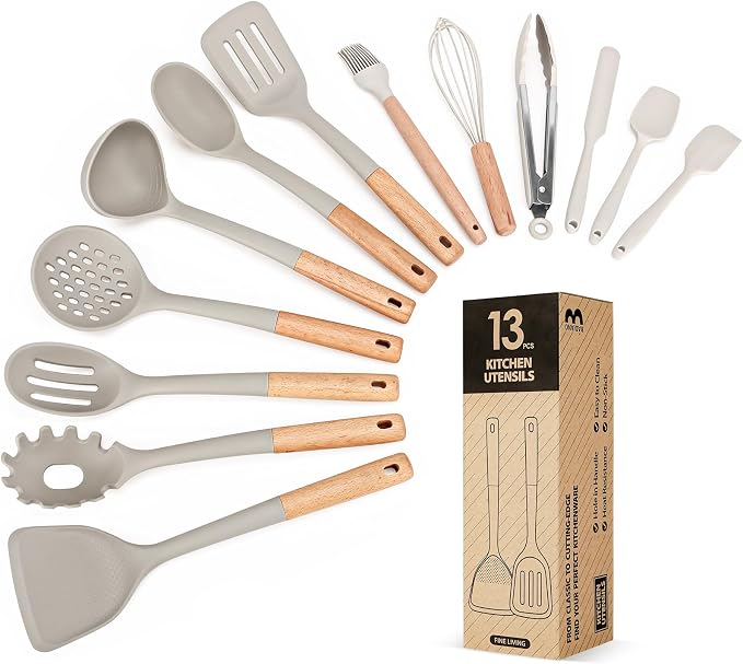13PCS Silicone Kitchen Utensils Set for Nonstick Cookware, Khaki | Food Grade, Heat Resistant Kitchen Utensil Spatula Set, Wooden Handles Kitchen Gadgets Tools Set
