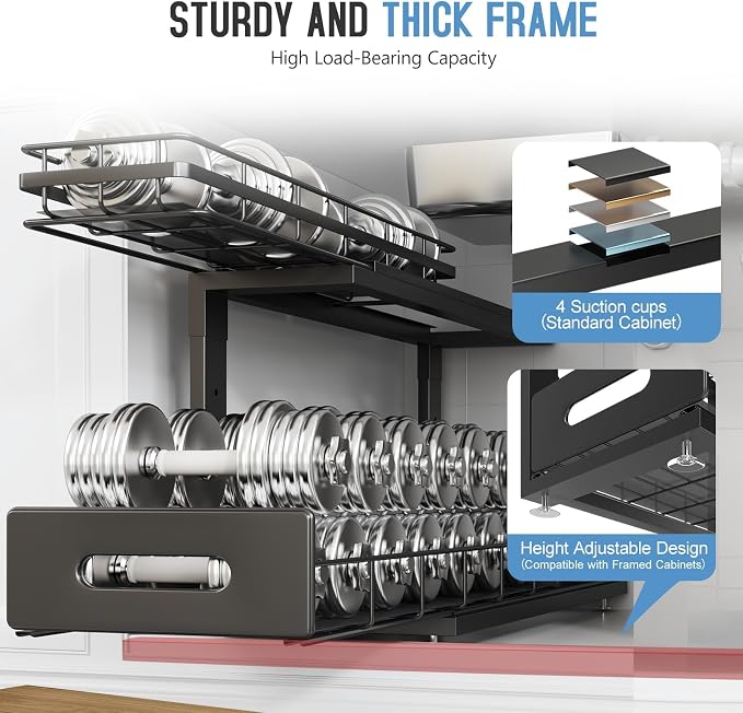 Under Sink Organizer Upgrade To Professional Rails,2-Tier Dual Pull Out Cabinet Storage,Height Adjustable Slide Out Drawers For Bathroom Kitchen,2 Pack-21"Dx12.8"-16.9"H,Black