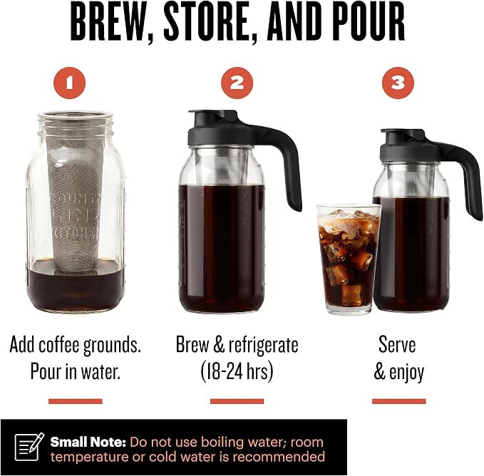 County Line Kitchen 64oz Cold Brew Coffee Maker with Leak Proof Lid - Black | Glass Cold Brew Coffee Maker - Wide Mouth Mason Jar, Stainless Steel Filter & Leak-Proof Lid (64 oz)