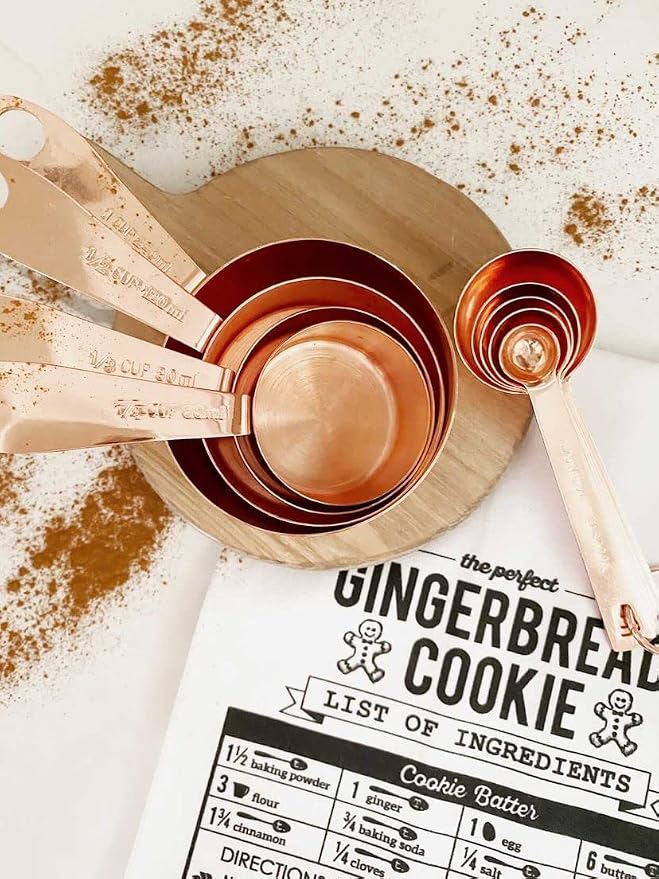 Copper Measuring Cups and Spoons Set - 9-Piece Food-Grade Stainless Steel Measuring Set with 2 Storage Rings for Heavy Duty Cooking & Baking, Rose Gold