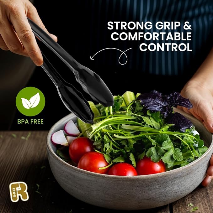 18 Pcs Black Plastic Serving Utensils Set - 6 Black Plastic Serving Spoons, 6 Black Tongs And 6 Forks - Heavy Duty Black Disposable Serving Utensils Set For Parties
