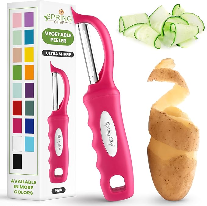 Spring Chef Swivel Vegetable Peeler for Kitchen w/Soft Grip Handle, Pink | Premium Potato Peeler w/ Ultra Sharp Stainless Steel Blades, Multifunctional Veggie Peeler for Apple, Carrot, Cucumber, Fruit