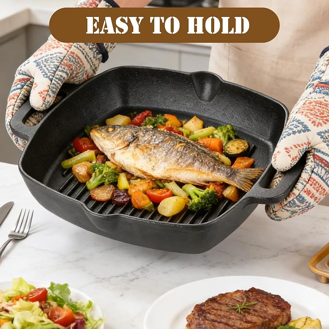 Cast Iron Grill Pan, 11 Inch Griddle Pan for Stove Top, Square Grill Pan with Handles for Stoves, Ovens, Barbecue