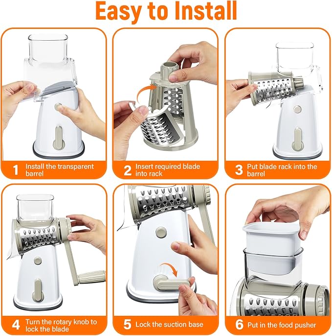 Rotary Cheese Grater Hand Crank, 5-in-1 Vegetable Chopper Spiralizer Slicer | Shredder with 5 Interchangeable Blades for Vegetable, Cheese, Fruit, with Blades Storage Box & Stable Suction Base (White)