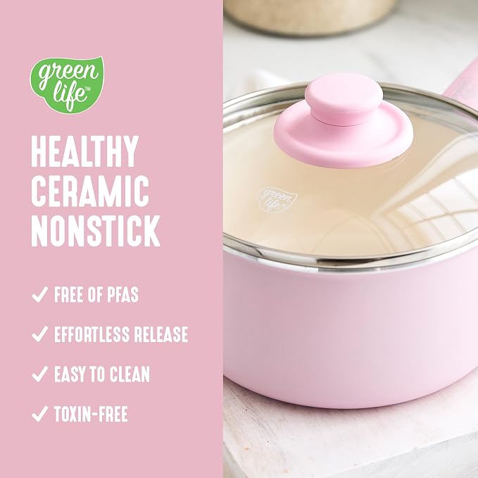 GreenLife 2.5QT Ceramic Nonstick Saucepan with Glass Lid, Pink | PFAS-Free Nonstick Coating, Multipurpose Cooking Pot, Milk Pan, Soup Pot, Stay-Cool Handle, Dishwasher & Oven Safe up to 350F