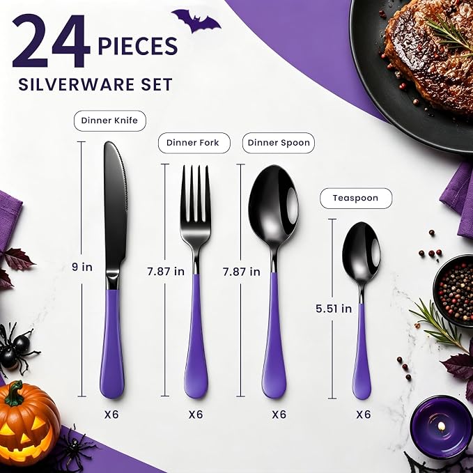 Black and Purple Flatware Set with Holder, 24-Piece Stainless Steel Silverware Set Service for 6, Mirror-Polished Spoons Forks Knives Cutlery Set for Home, Kitchen, Restaurant (Purple-Black)