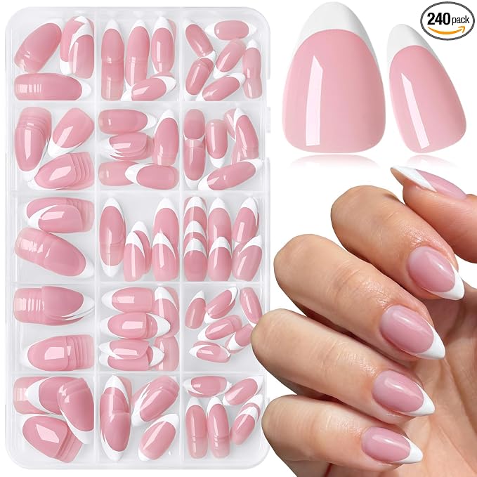 240pc Short Almond French Tip Press on Nails Pink Fake Nails with Glue Tab | Almond Nails Press ons Short Glue on Nails Acrylic Nails Stick False Nail Artificial Fingernail for Women Girls