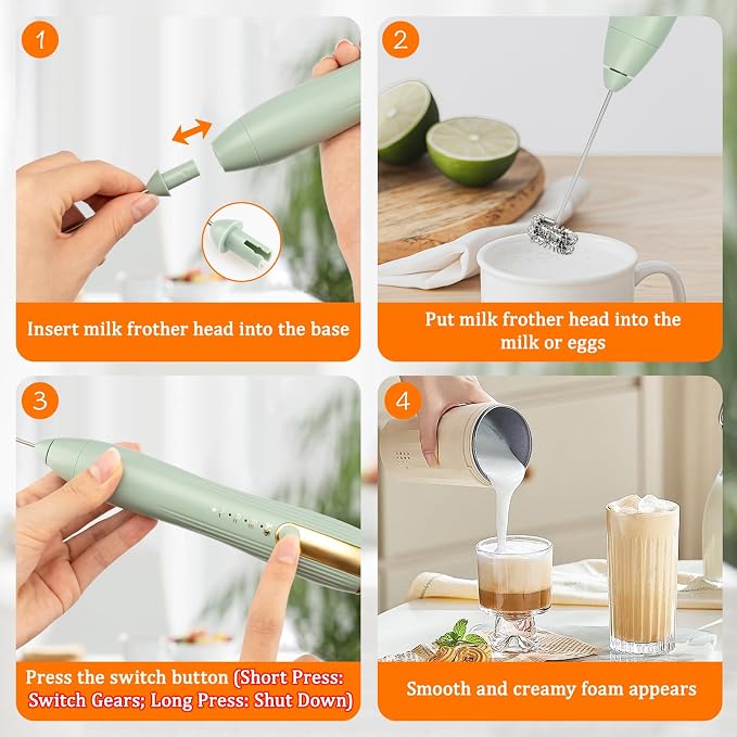 TonJin Frother Wand Rechargeable USB-C Milk Frother Handheld Mixer Electric with 2 Whisk Heads, 3 Speeds Adjustable Coffee Drink Mixer with Stand for Lattes, Matcha, Hot Chocolate, Egg, Matcha(Green)
