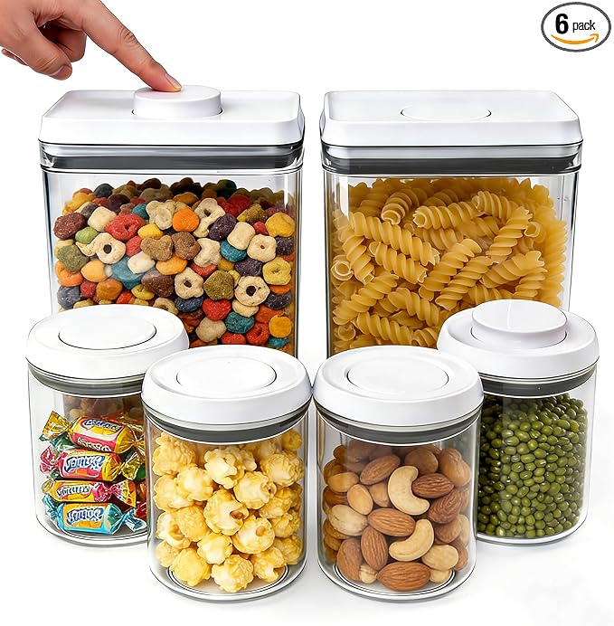 Airtight Pop Top Food Storage Container Sets with Lids 6Pcs Round Rectangle Pop Containers for Kitchen Pantry Organization BPA-Free Stackable Kitchen Storage for Cereal Flour Sugar 0.6qt *4, 3.6qt *2