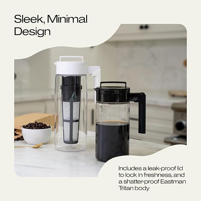 Takeya Deluxe Cold Brew Coffee Maker - BPA-Free Tritan Pitcher with Airtight Leakproof Lid, Silicone Grip Handle, Fine-Mesh Filter - Shatter-Proof, Dishwasher Safe, Made in USA - 2 Quart/Black