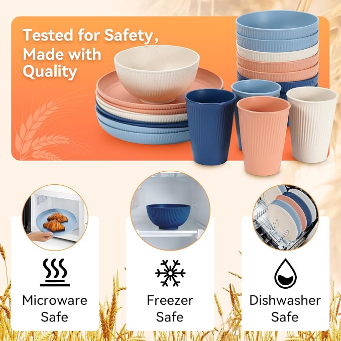 Wheat Straw Dinnerware Sets,64-Piece Plates and Bowls Sets for 8-Unbreakable,Reusable Plastic Dish Set-Dinner Plate/Dessert Plate/Cereal Bowl/Cup/Utensils-Dishwasher Safe 64P-Coral Coast