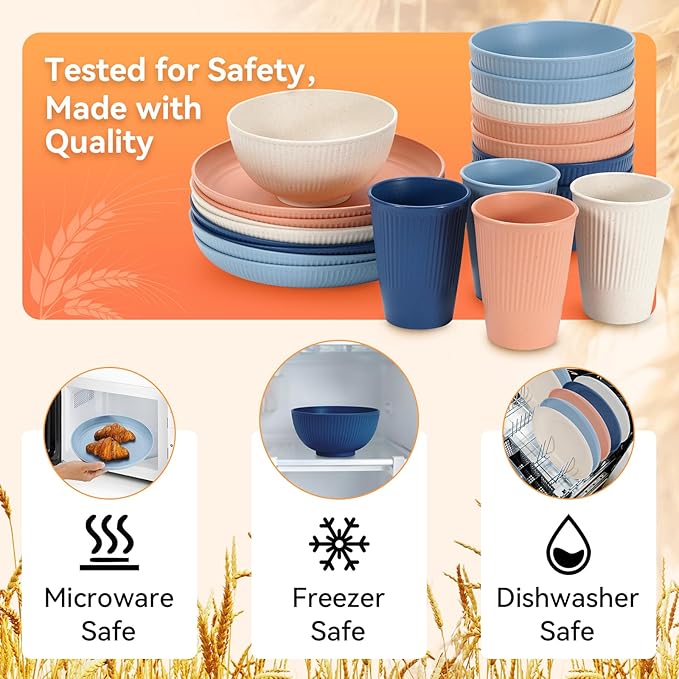 Wheat Straw Dinnerware Sets,64-Piece Plates and Bowls Sets for 8-Unbreakable,Reusable Plastic Dish Set-Dinner Plate/Dessert Plate/Cereal Bowl/Cup/Utensils-Dishwasher Safe 64P-JadePeak Lake Sunset