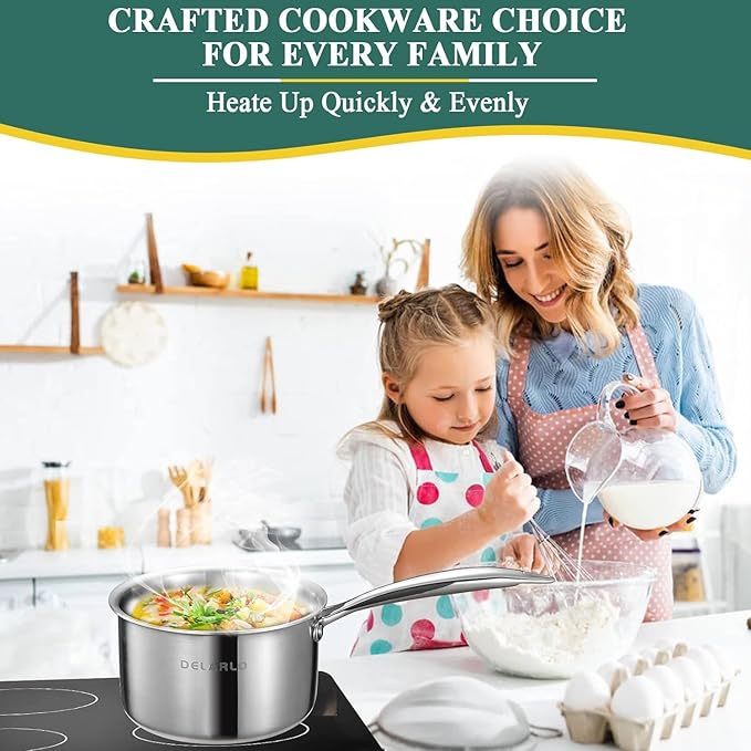 DELARLO Full-body Clad Tri-ply Stainless Steel 1 Quart Saucepan with Lid | Small Stainless Steel Pot Induction Cooking Sauce Pot Pan, Heavy Duty Saucier Cookware, Fast Even Heats, PFOA&PTFE Free