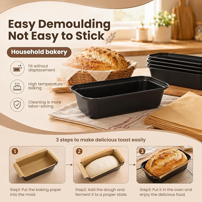 HUAKENER Loaf Pan with Liners Set, 3 Pack Loaf Pan with100 PCS Loaf Liners | Nonstick 9 x 5 Inch Bread Loaf Pan with Loaf Liners for Homemade Bread Cake Sourdough Banana Sandwich Bread