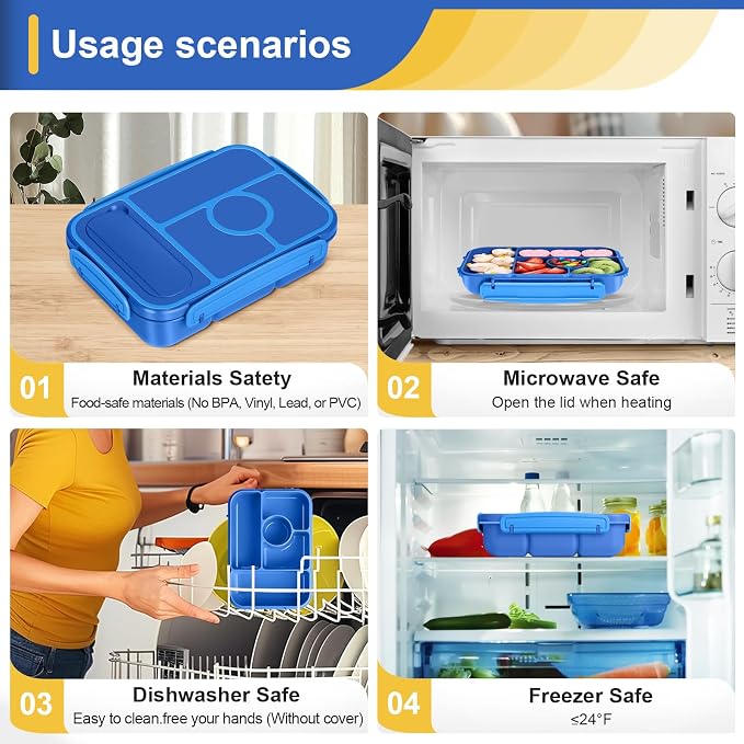 Amathley Bento Box Adult Lunch Box Kids,Lunch Containers for Adults/Kids/Toddler,5 Compartments Bento Lunch Box with Sauce Vontainers,Microwave & Dishwasher & Freezer Safe,BPA-Free (Navy)