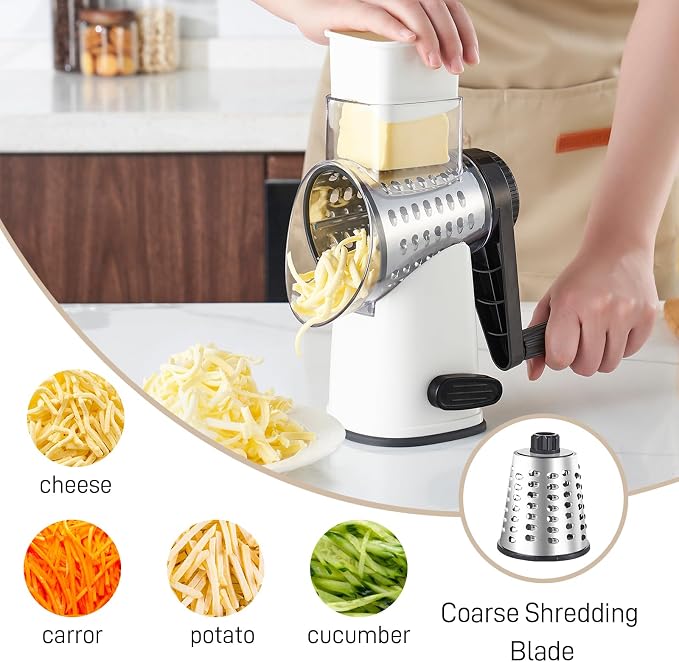 Weltonhm 4 in 1 Large Cheese Grater Hand Crank Rotary (White 4 Graters) | Cheese Shredder Rotary and Slicer with 4 Stainless Steel Blades for Vegetables, Veggie and Cheese, Stronger Suction Base