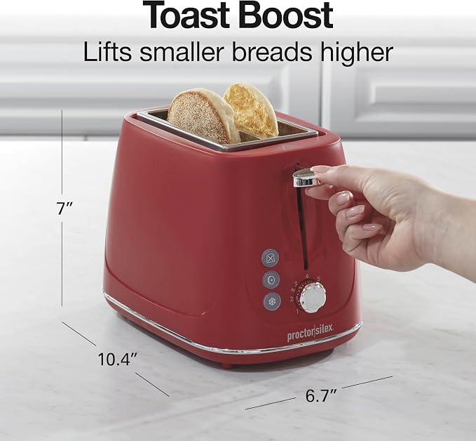 Proctor Silex 2 Slice Toaster With Bagel, Defrost & Cancel Buttons | Browning Control With 7 Shades | Auto Shutoff | Wide Slots | Toast Boost | Slide-Out Crumb Tray | Red | 22661