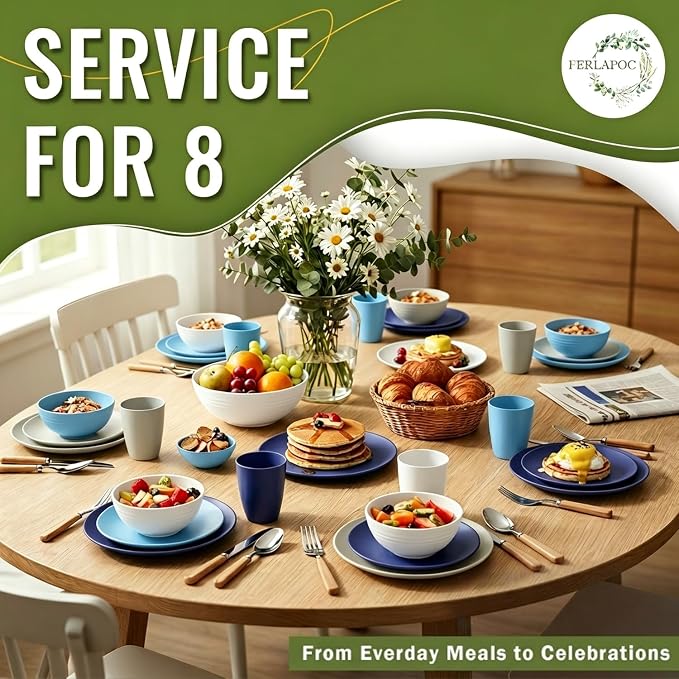 Dinnerware Set 40 PCS Wheat Straw Dishes Set - Service for 8 Unbreakable Plastic Dish Set Microwave Safe Plates and Bowls Sets Lightweight Cups Sets Outdoor Dishes - Island Colors