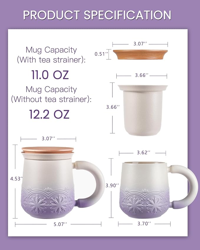 ZENS Tea Mug with Infuser and Lid for Loose Tea Diffusers, 12oz Purple | Embossed Ceramic Tea Cup with Infuser for Herbal Tea Steeper, Tea Lovers Gifts, Japandi Style Sunflower