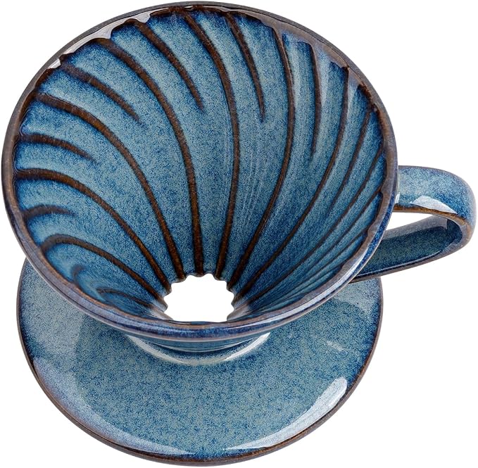 Pour Over Coffee Maker, Single Cup Ceramic Coffee Dripper, Reusable Filter Cone Drip Holder Slow Brewer with Hole Flat Bottom for Home, Office, Travel, Camping (Blue)