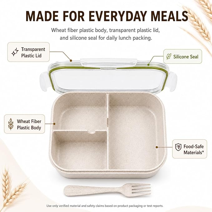 MISS BIG® Bento Lunch Box for Adults & Kids, 1900ml, 3 Compartments, White | 1900ml BPA-free 3-compartment lunch box for adults, kids and dry foods