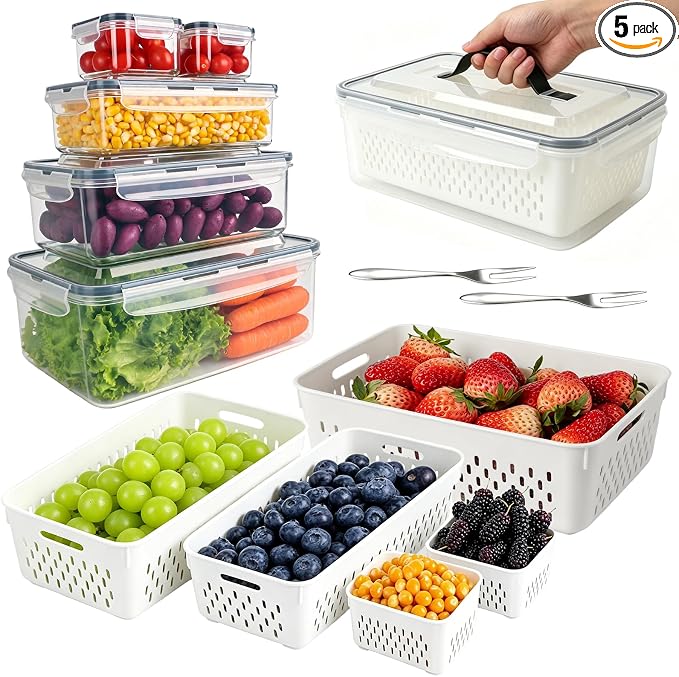 5-Pack Fruit Storage Containers for Fridge with Removable Colanders & Lids | Clear Plastic Produce Storage Containers for Fruits, Veggies, Salad, Berries | Leak-Proof, Microwave Safe