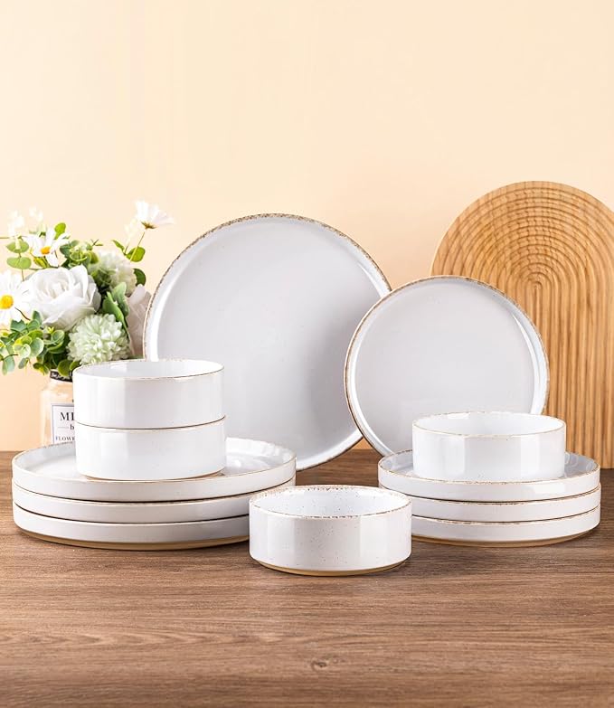 AmorArc Stoneware Dinnerware Sets for 4,12Pcs Plates and Bowls Set | Handmade Ceramic Dish Set,Dishwasher & Microwave Safe,Scratch Resistant