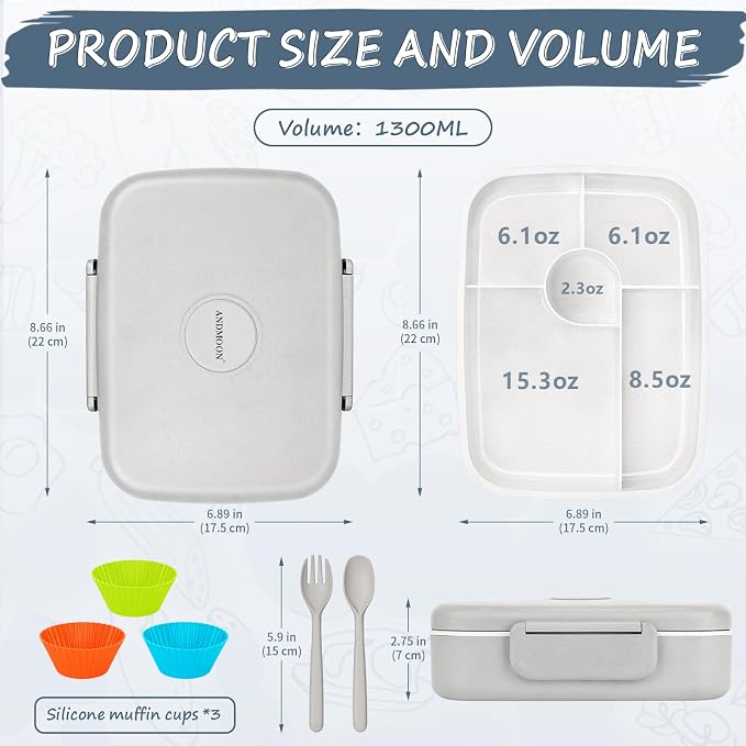 5 Compartmets Bento Box Adult Lunch Box with 3 Silicone Baking Cups