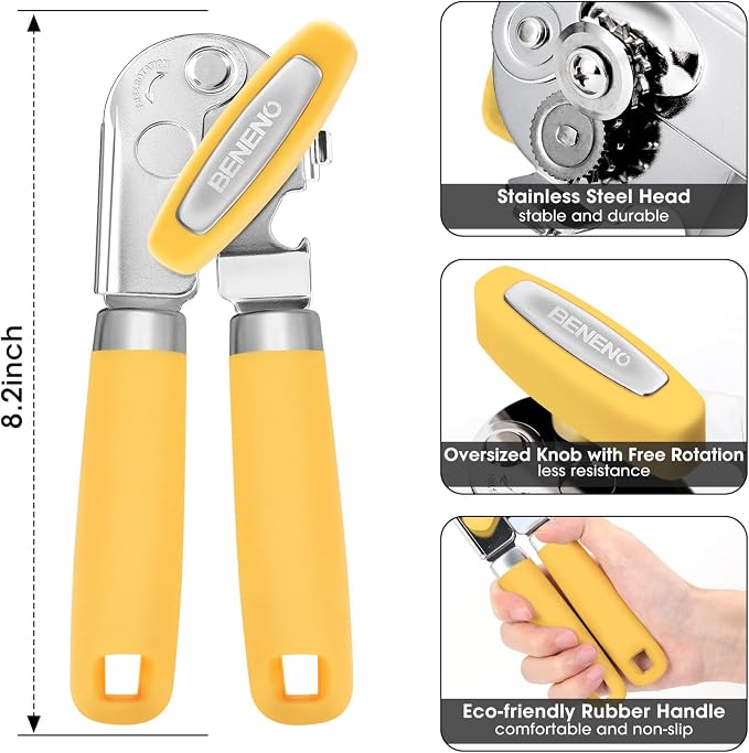 Beneno Heavy Duty Hand Can Opener Manual with Magnet Lid Remover, Yellow | Razor-Sharp Carbon Steel Blade, Precise Smooth Cutting Gear, Big Effort-Saving Knob, Soft Grip Handle, Built-in Bottle Opener