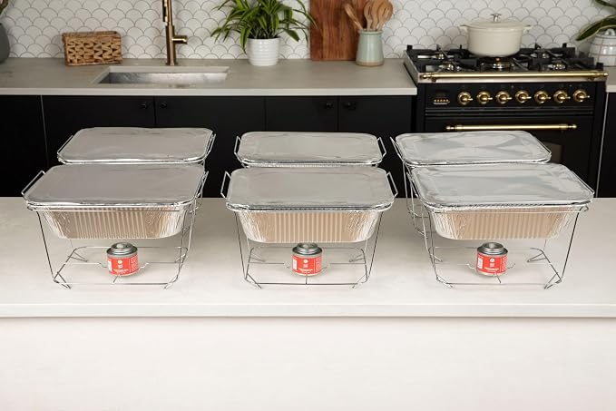 Alpha Living 6 Pack - Disposable Chafing Dish Buffet Set, Half Size Pans, Welded Body Food Warmers for Parties, Fuel Cans Complete Set, Warming Trays