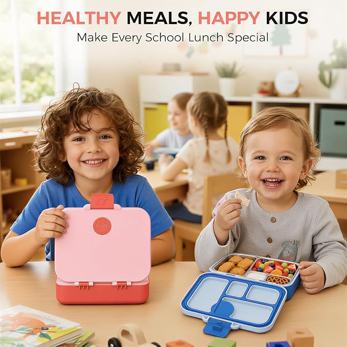 Kids Stainless Steel Bento Lunch Box, 4 Compartments | Leak-Resistant 4 Cups Lunch Container for Ages 4+ with Easy-Open Latch, Removable Seal & Meal Feedback Icon