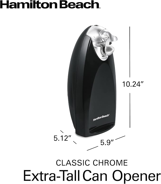 Hamilton Beach Classic Chrome Electric Can Opener with Automatic Shutoff | Patented SureCut Technology Easily Aligns Can | Knife Sharpener | Cord Storage | Extra Tall | Black | 76380J
