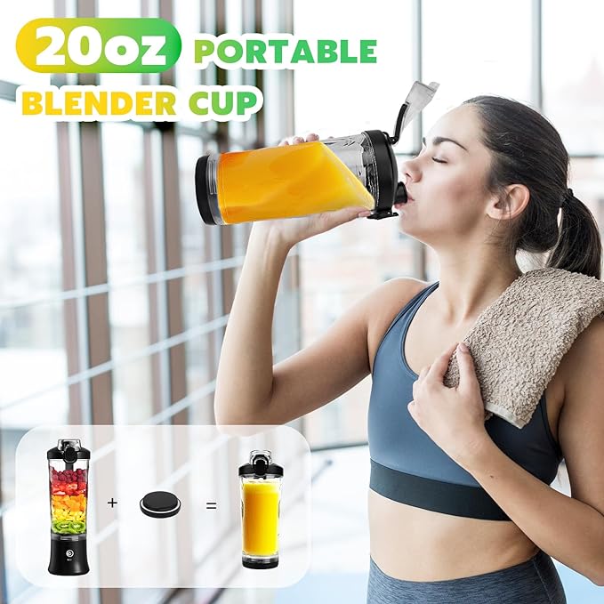 Portable Blender Personal Juicer for Shakes Smoothies with Insulated Sleeve | 20 Oz Electric Protein Shaker Bottle, Travel Lid, USB-C Rechargeable, Mini Small Cordless Blender Cup for Kitchen Travel Gym