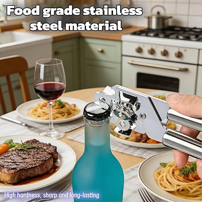 Stainless Steel Manual Can Opener, 3-in-1 Multifunctional, High-Carbon Steel Cutting Wheel, Ergonomic Handle, 7.28 Inch, for Food Cans and Bottles