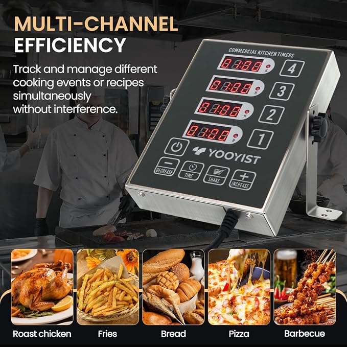 Precision Kitchen Timers for Cooking – 4 Channel Commercial Kitchen Timer Restaurant Kitchen Supplies – Stainless Steel Digital LED Chef Cooking Timer – Reminder Function, Loud Alarm, Grey