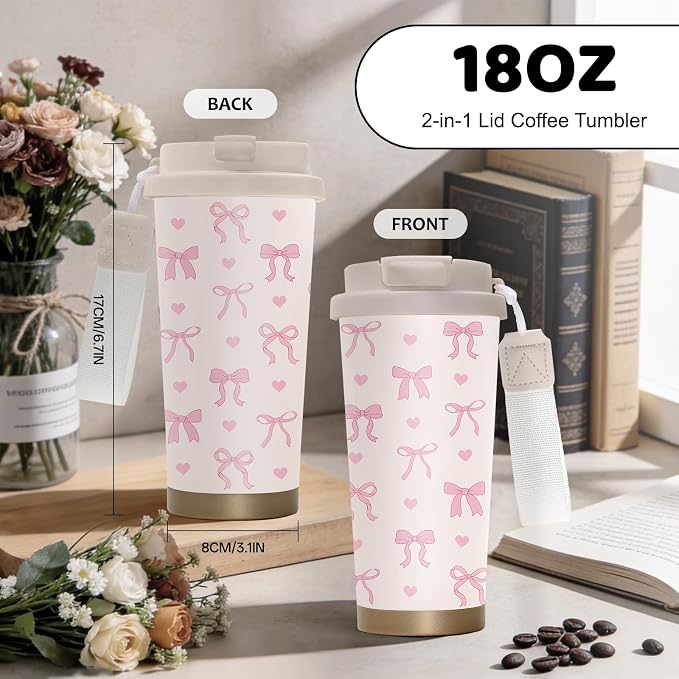 Pink Bow Tumbler Stainless Steel 2-in-1 Lid Coffee Tumbler 18 oz Coquette Bow Print Insulated Travel Coffee Mug Bows Water Bottle for Women Girls Birthday Christmas