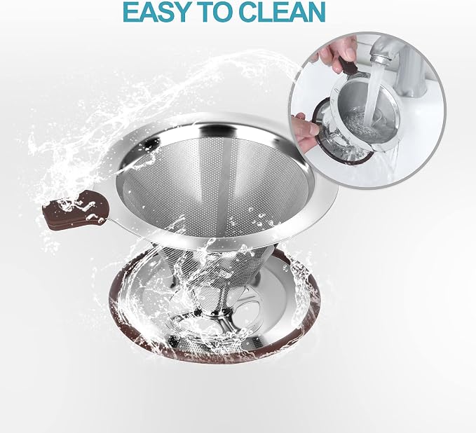 Pour Over Coffee Dripper, Reusable 304 Stainless Steel Filter for 1-4 Cup | Dual 304 stainless micro mesh, silicone heat handle, anti-slip stand, paperless reusable, easy clean for travel camping