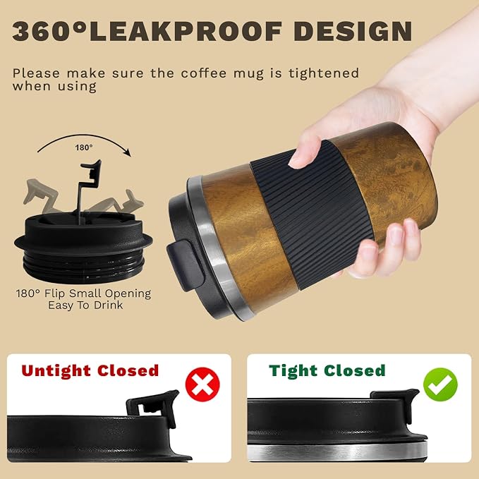 Vacuum Insulated Stainless Steel Travel Coffee Mug,Leak Proof Cup with Lid | 304 stainless steel mug with vacuum insulation, leak proof lid, silicone grip and car cup holder friendly design