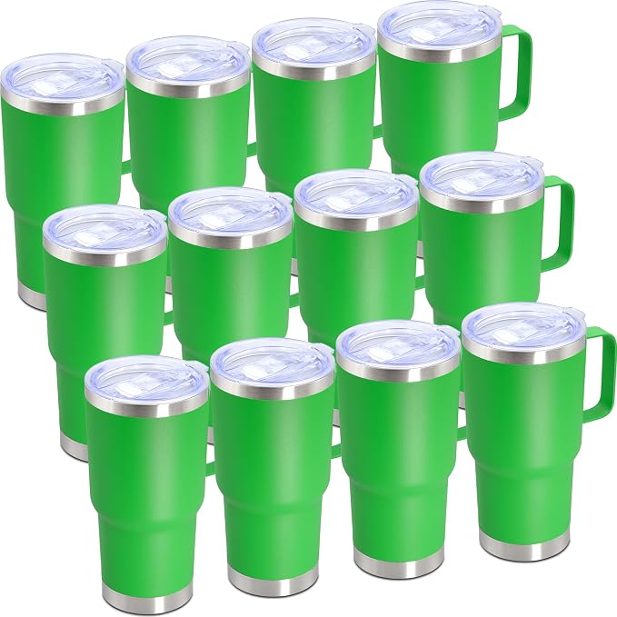 20 oz Tumbler with Handle Coffee Tumblers with Lid Travel Mug Green 12P | 20oz Tumblers with Handle Double-Wall Insulated Vacuum Coffee Mugs Stainless Steel Tumbler with Handles&Lid Green 12P