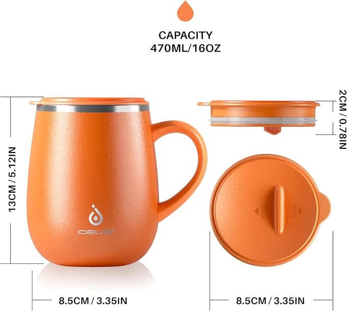 Ideus 16 oz Insulated Coffee Mug with Handle and Lid, Double Wall Stainless Steel Vacuum Thermal Coffee Mug, Travel Coffee Cup Thermal Cup for Home and Office, Orange Tiger