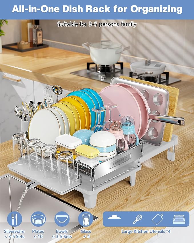 Expandable Dish Drying Rack, Dish Racks for Kitchen Counter, Stainless Steel 304, Flip-Top Retractable Plate, Multi-Directional Adjustable Dish Rack, Space Saving Large Drying Rack Kitchen, White