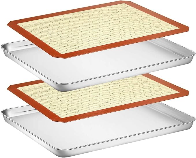 Wildone Baking Sheet with Silicone Mat Set, Set of 4 (2 Sheets + 2 Mats), Wildone Stainless Steel Cookie Sheet Baking Pan with Silicone Mat, Size 18 x 13 x 1 Inch, Non Toxic & Heavy Duty & Easy Clean