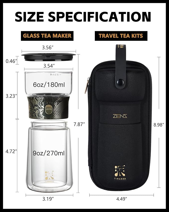 ZENS Glass Infuser Teapot, Cool One Touch Tea Maker For Loose Tea, Dragon | Modern Tea Diffusers, Magic Tea Pot with 9oz Insulated Mug and Portable Bag for Herbal Tea Lovers Gifts