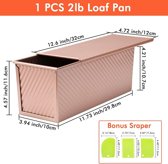 Beasea 2lb Pullman Loaf Pan with Lid, 1 Pack 12x4inch Large Bread Loaf Pans Carbon Steel Toast Box with Dough Scraper Set for Homemade Bread Bakeware Oven Baking - Rose Gold