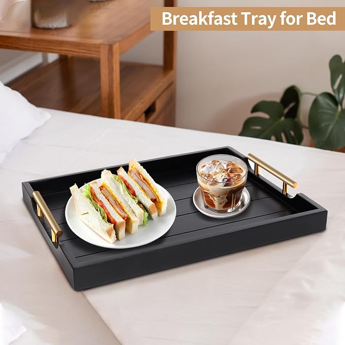 SXNOWS Wood Serving Tray with 2 Sets of Handles,Black | Rectangle 16.5x13 Inch Ottoman Decorative Tray Platter for Coffee Table Living Room Bar Home Decor, 4 Coasters Included