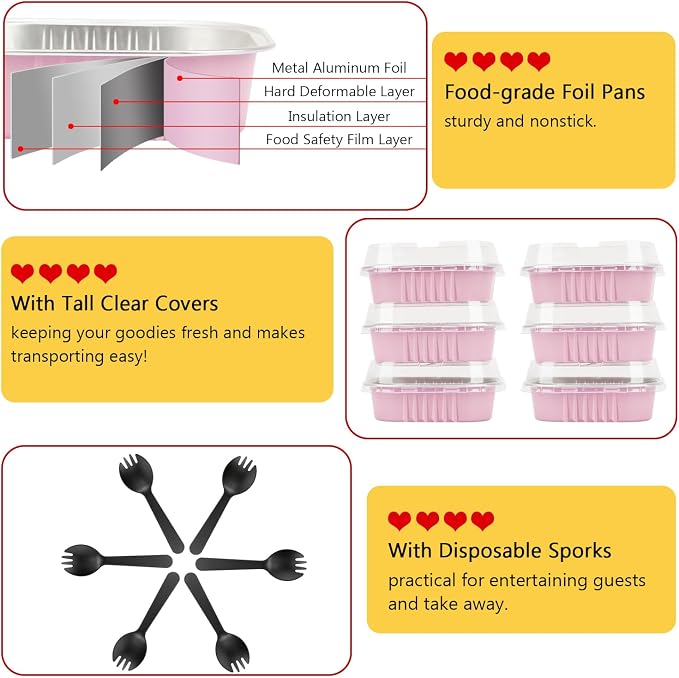 LNYZQUS 4 Inch Mini Pie Tins with Lids, 7.5oz Foil Individual Cake Pans | 40 Pack, Square, Pink, Disposable, Small Baking Cups, Single Brownie Take-out Containers for Bake Sale Treats