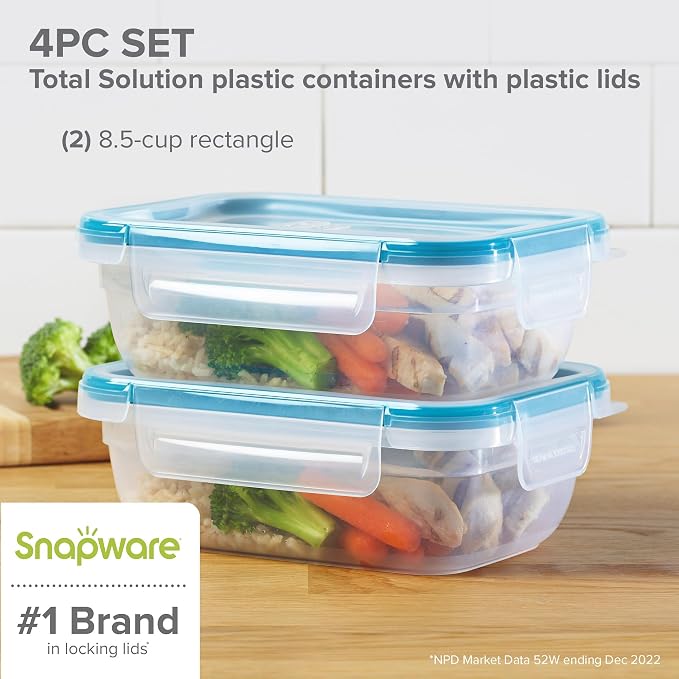Snapware Plastic Total Solution 2-Pack (3 Cup) Food Storage Containers | Meal prep containers with plastic BPA-free lids with 4 locking tabs, microwave, dishwasher, & freezer safe