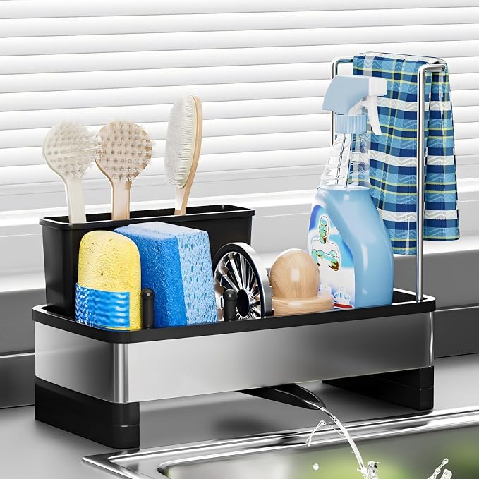 Ewaiira Stainless Steel Sink Caddy, Sponge Holder for Kitchen Sink 9.8″ | with Brush Holder and Towel Rack, Sink Organizer for Countertop, Soap Kitchen Organizers Storage Essentials, Black